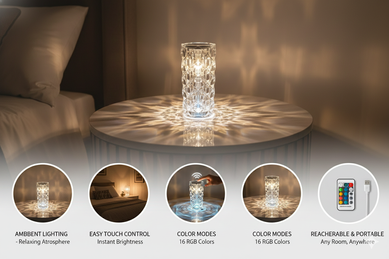 Crystal Table Lamp 16 Color Changing RGB Rose Diamond (Multi-Color)