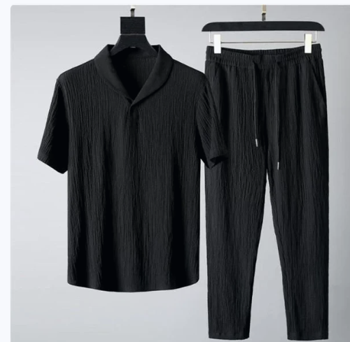 Men's Crinkled Co-Ord Set Black